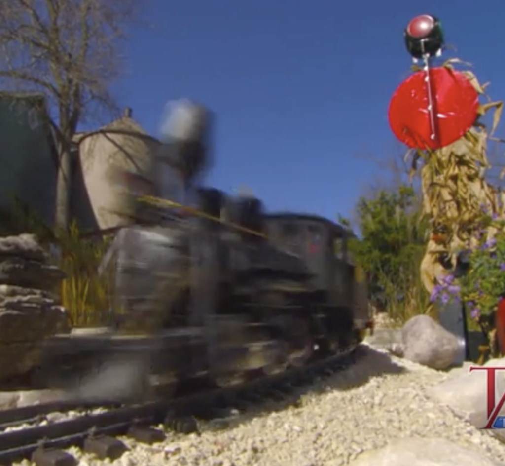 Garden scale steam locomotive moving fast in an outdoor layout.