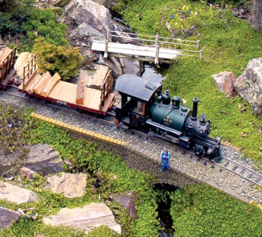 black model steam locomotive on garden railway