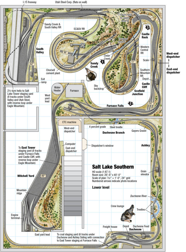 A model railroad track plan for the lower level of the salt lake southern layout