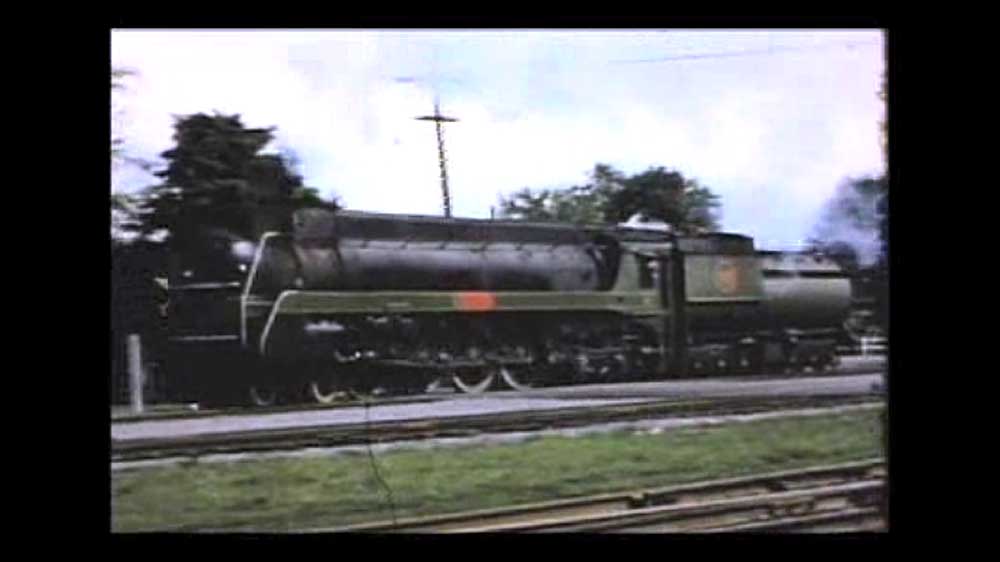 Streamlined steam locomotive in profile