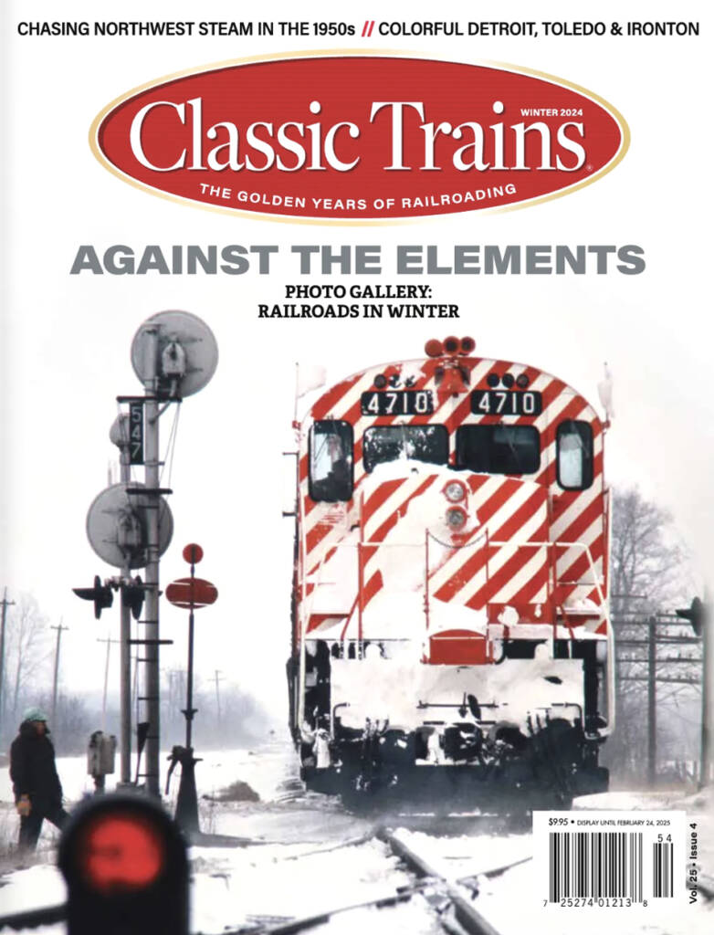 The Winter 2024 cover of Classic Trains magazine, which features a locomotive with a striped red and white front end moving towards the camera in a snowy winter location