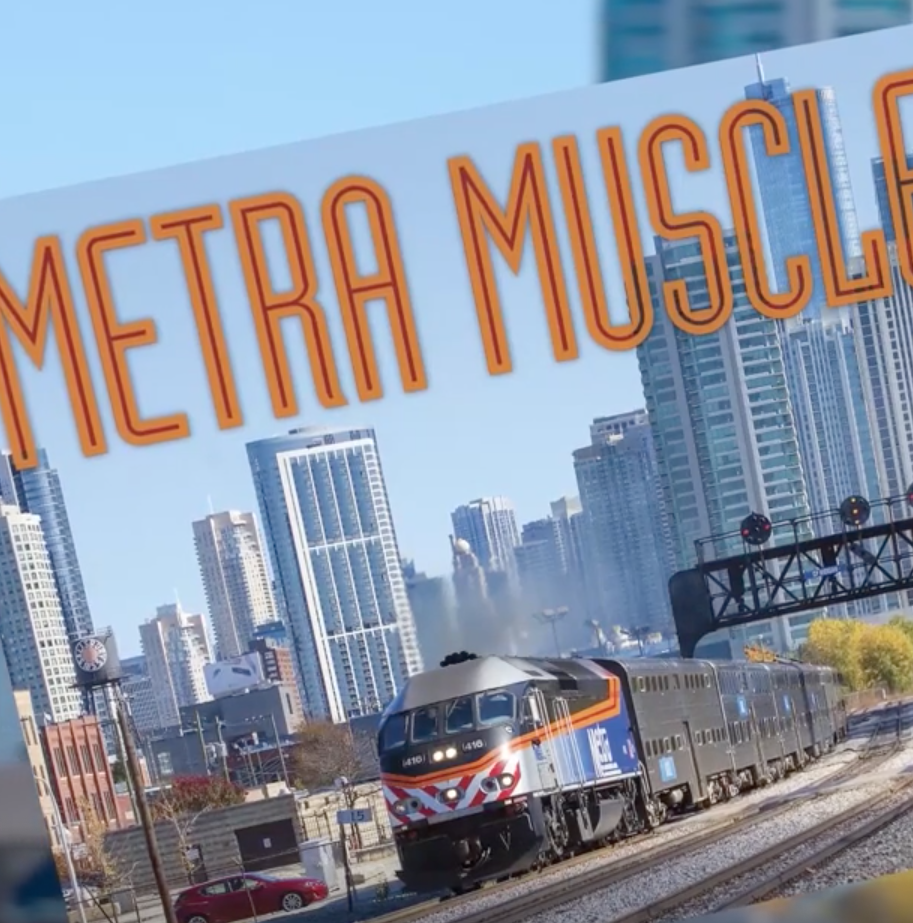 Magazine pages showing "Metra Muscle" and a picture of a train with the Chicago city skyline.