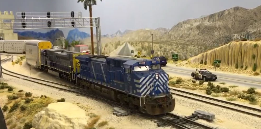 Diesel locomotive approaching Kaley Yard