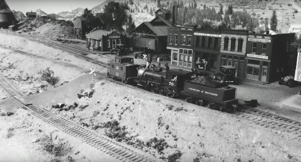 Model railroad scene in black and whitea