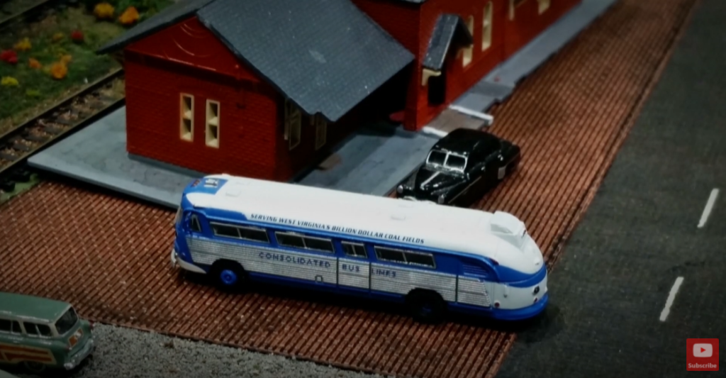Model bus parked at depot