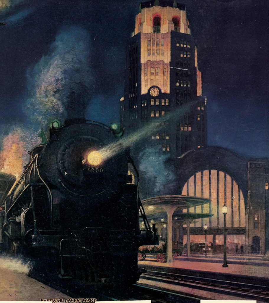 azzy and immense, New York Central’s Buffalo station opened in June 1929. Its site 2 miles from downtown was chosen for operational convenience, not ease of passenger access. Pennsy and TH&B also used it, but Buffalo’s other roads called elsewhere. Amtrak quit the place in 1979; the terminal’s size and location have hampered preservationists’ dogged efforts to reuse it. A portion of a 1929 Walter L. Greene painting shows J-1 Hudson 5200 at the new terminal. NYC