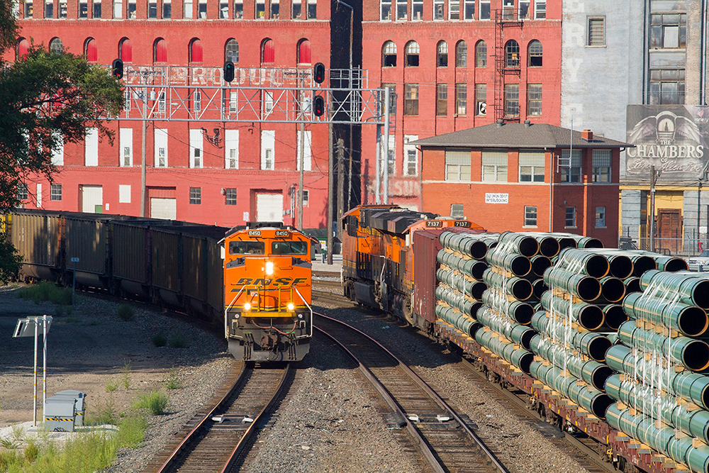 An orange BNSF diesel