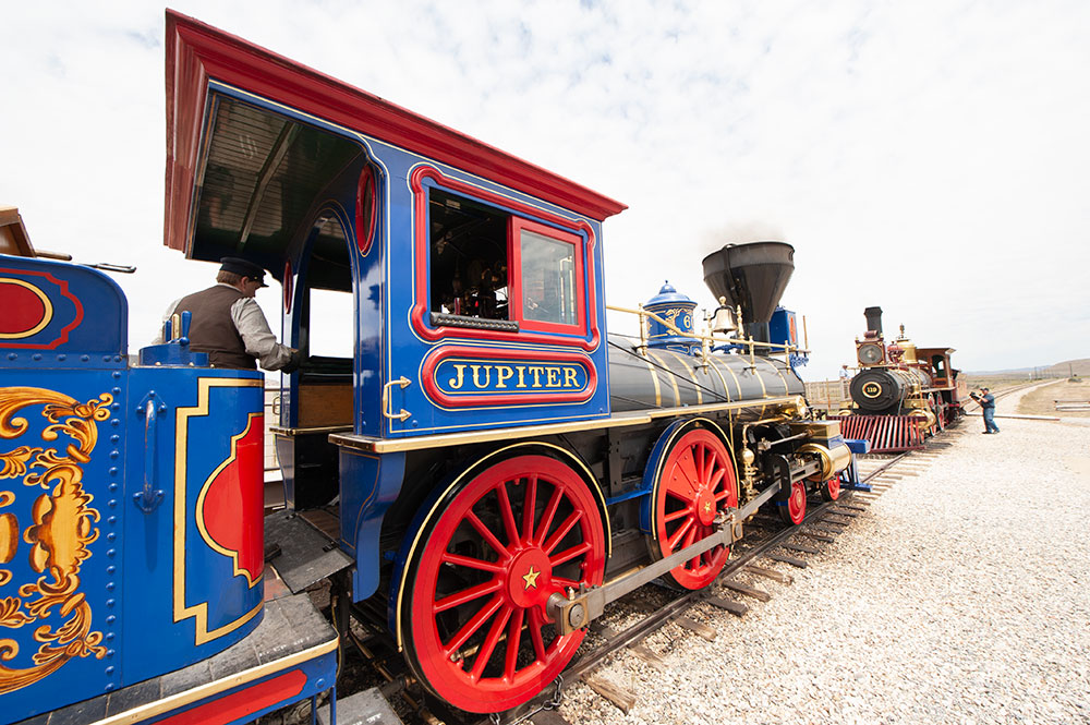 Two steam engines at a reinactment of the golden spike driving