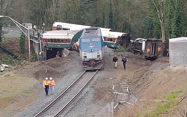 This overall view shows cars off both sides of the tracks at the Interstate 5 bridge near DuPont, Wash., in December 2017.