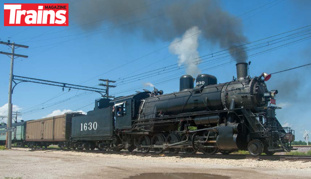 St. Louis — San Francisco Railway 2-10-0 Decapod type steam locomotive No. 1630 hauls an excursion train at the Illinois Railway Museum in Union, Illinois.