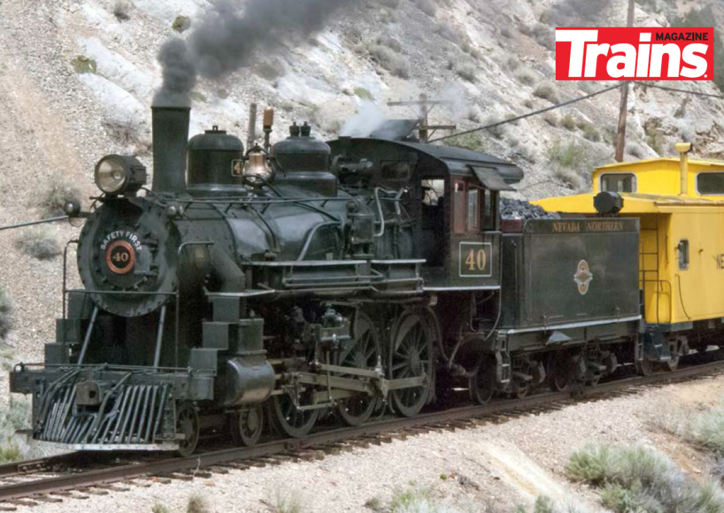 Nevada Northern Railway Ten Wheeler type No. 40 steams upgrade from Ely, Nevada, in 2016.