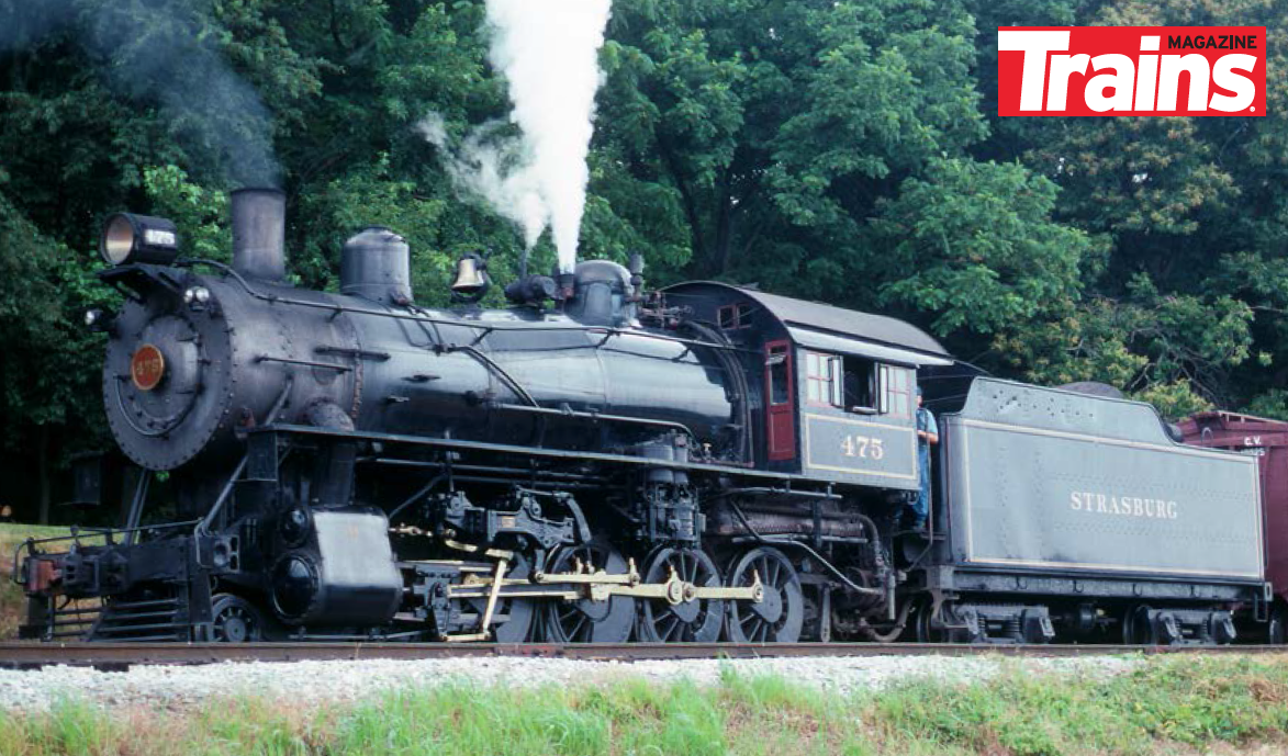 Strasburg Rail Road 4-8-0 Mastodon-type steam locomotive No. 475 pulls a tourist train in Pennsylvania.