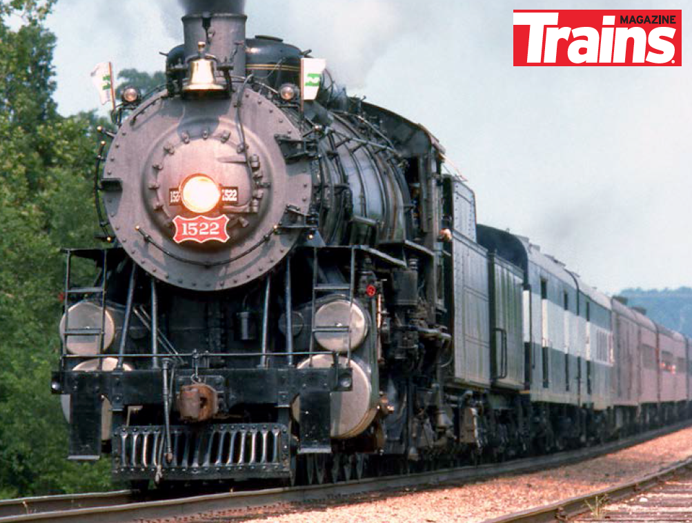 Frisco 4-8-2 Mountain type steam locomotive No. 1522 hauls a tourist train near Swedeborg, Missouri, in 1994.
