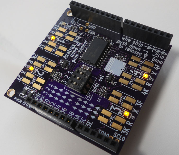 Azatrax RIR4 quad infrared proximity sensor shield for the Arduino Uno, Arduino Mega, and similar microcontrollers
