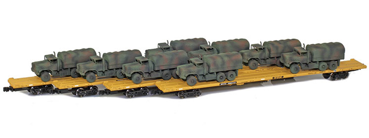American Z Line Z scale TTX 89-foot flatcars with M923 military trucks