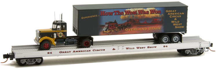 Lowell Smith Signature Series N scale Great American Circus & Wild West Show Warren flatcar with tractor-trailer load