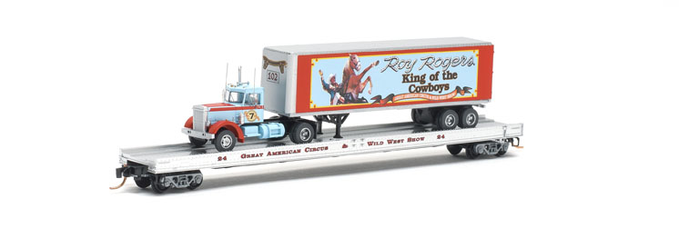 Lowell Smith Signature Series N scale Great American Circus & Wild West Show flatcar with tractor-trailer load