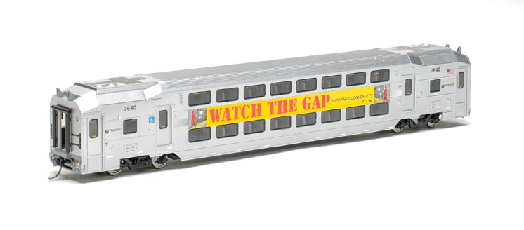 Atlas Model Railroad Co. HO scale NJ Transit multi-level cab car, trailer coach, and trailer coach with toilet