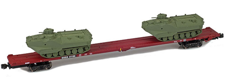 American Z Line Department of Defense 89-foot flatcar with two AAV-7 armor loads