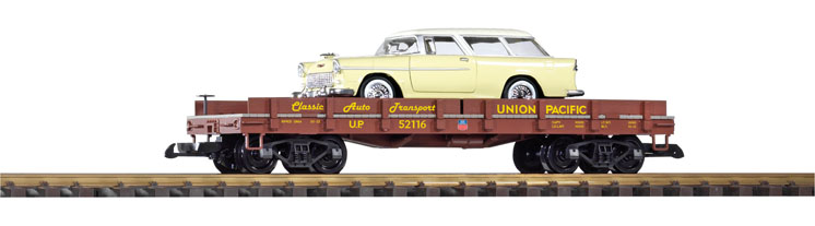 PIKO America large scale Union Pacific flatcar with Chevy Nomad station wagon load