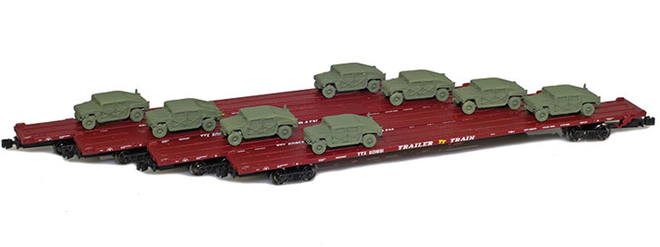 American Z Line Z scale RTTX 89-foot flatcar four-packs with HMMWV loads