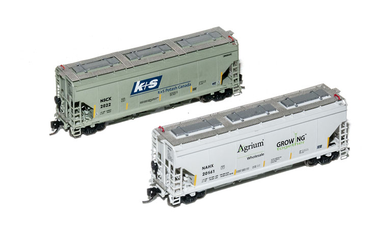 North American Railcar Corp. N scale National Steel Car potash service covered hoppers, available exclusively from Pacific Western Rail Systems.