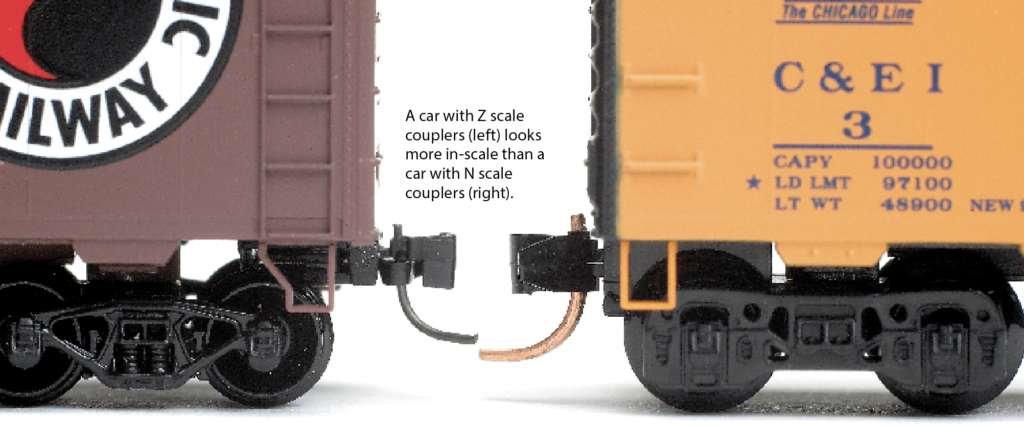 A comparison of two N scale boxcars, one with a Z scale coupler, another with an N scale coupler