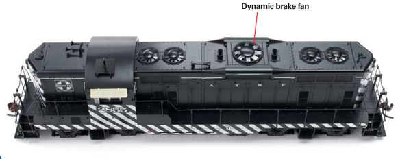 The model has the correct 48-inch-diameter dynamic brake cooling fan. All the fans on top of the long hood are separate parts under etched-metal grills
