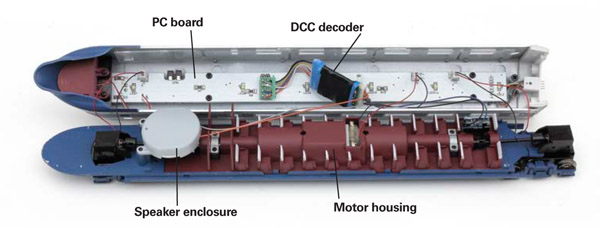 The motor decoder and speaker are located in the powered cab coach