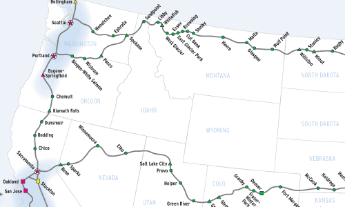 Amtrak station volumes in 2007 map image