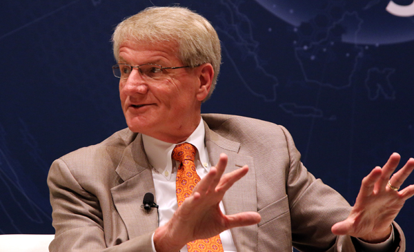 John Wories, Amsted Rail president, gestures during comments he gave in a panel discussion at the 2019 Railway Interchange conference in Minneapolis on Tuesday.