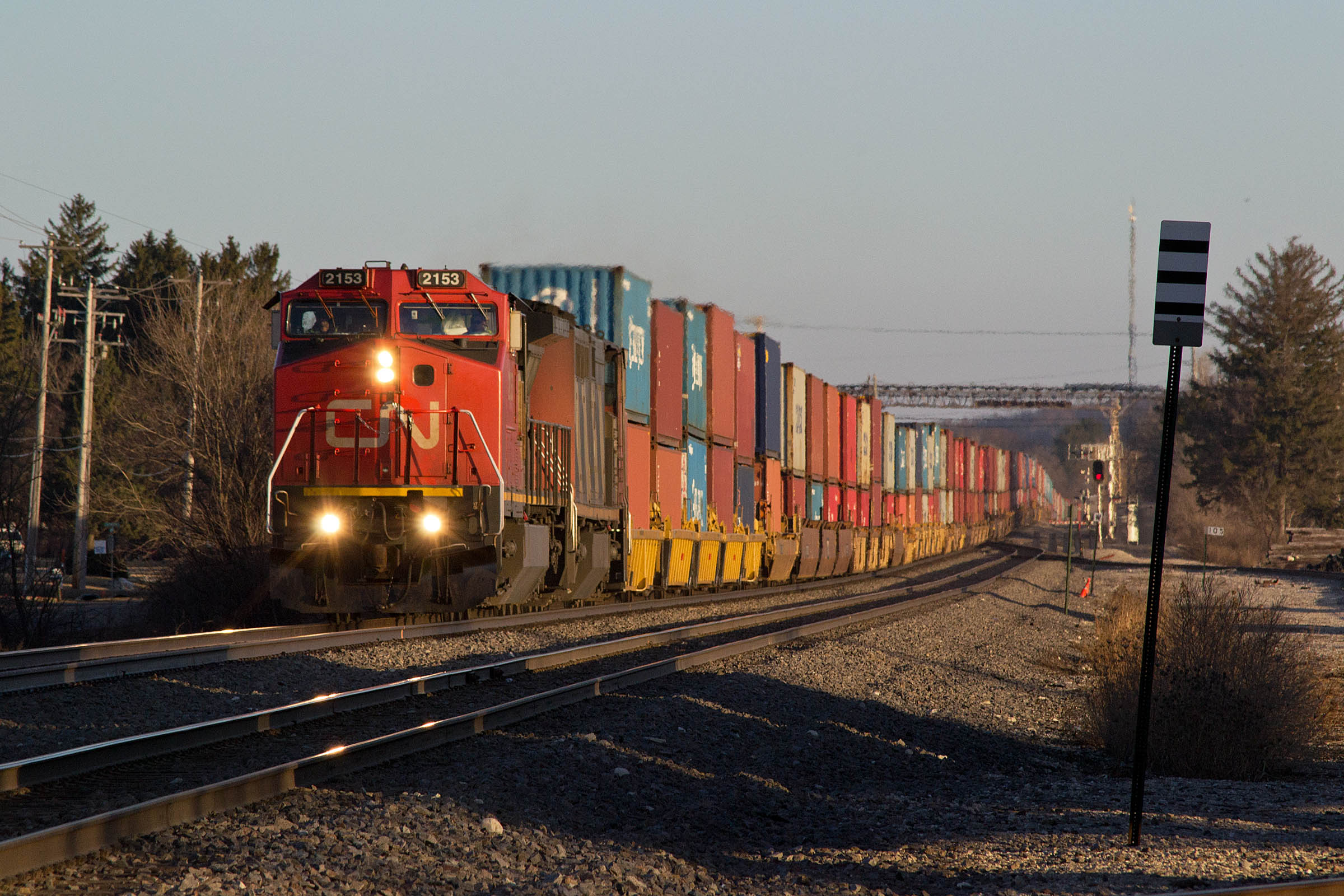 A Canadian National container train in golden light in Wisconsin.