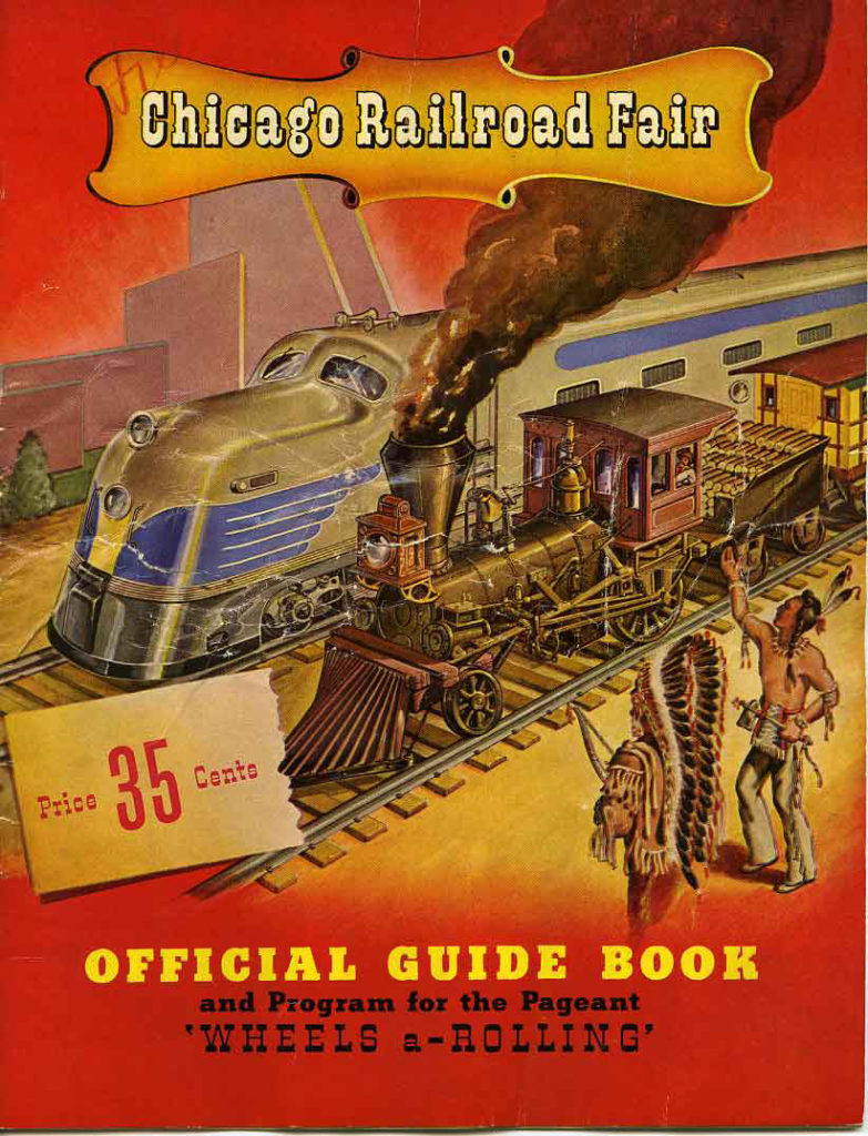 an illustrated red and orange official guide book cover for the chicago railroad fair