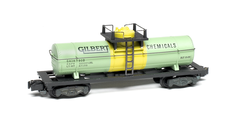 green and yellow model tank car: American Flyer No. 910 chemical tank