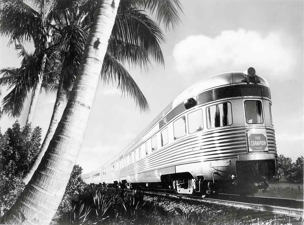 a photo montage of a passenger train passing palm trees