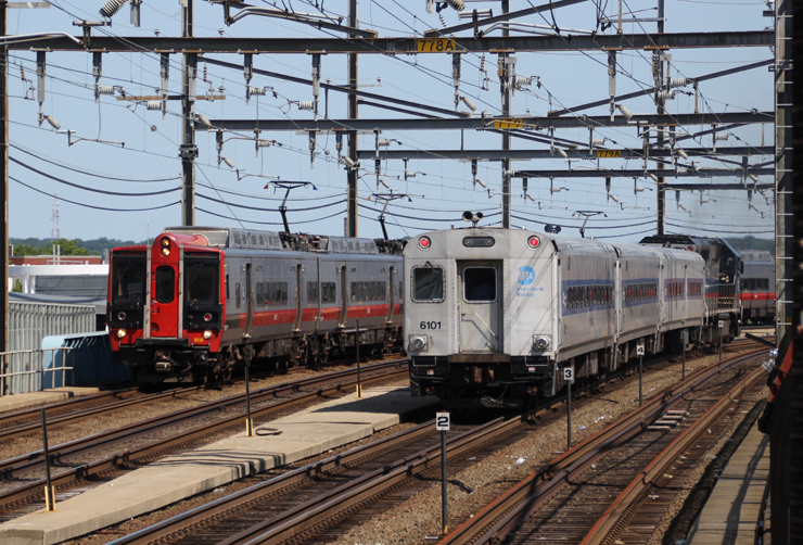 Trains meet on electrified rail line
