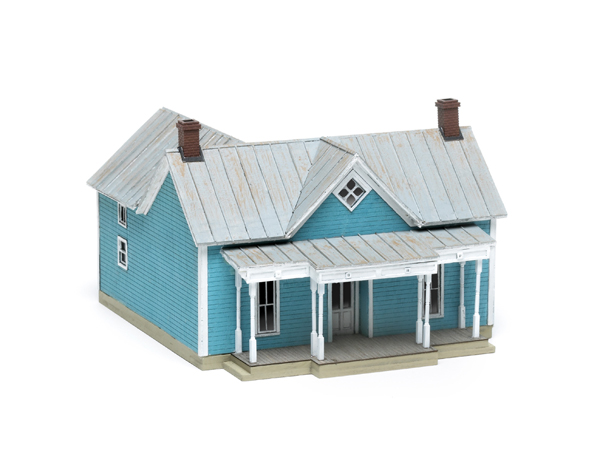 Multiple scale little blue house. Laser-cut wood Mountaineer Precision Products kit offered by Ohio Valley RR Historical Foundation