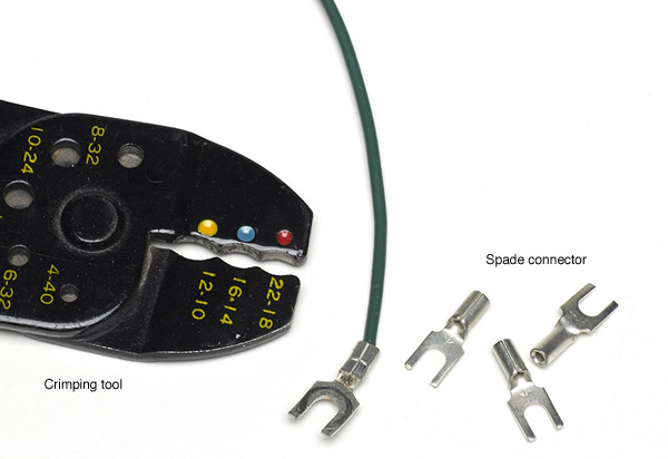 Fig. 4. Crimp connectors. Mike uses spade-type connectors on the ends of wires that connect to screw terminals.