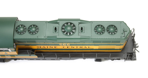 Movable radiator fan blades, numerous scale-size rivets, see-through step tread, and textured running boards add to this GP7’s realism. 