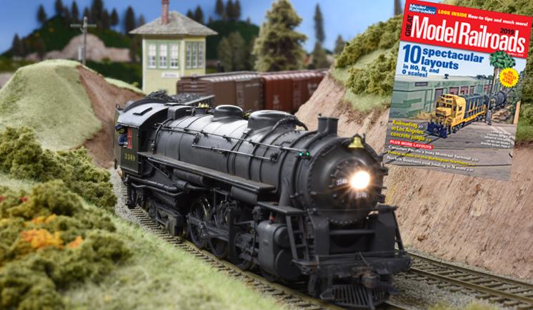 a model steam locomotive and the cover of Great Model Railroads 2019