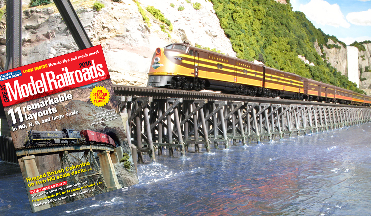 cover of Great Model Railroads 2018 and a train crossing a bridge