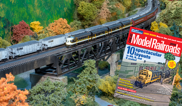 model trains on a bridge and the cover of Great Model Railroads 2019