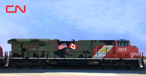 Canadian National diesel locomotive in a special paint scheme to honor veterans