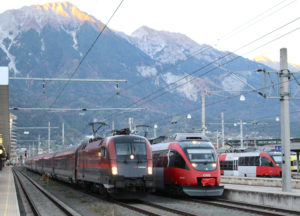 An OBB Railjet train departs Innsbruck, Austria.