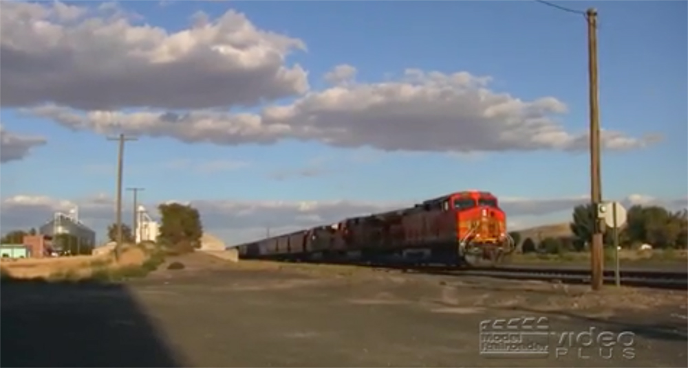 A diesel locomotive pulls a freight train.