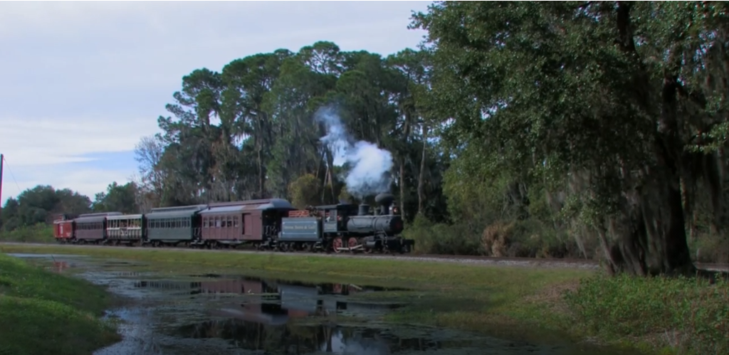 Orange Blossom Cannonball steam train traveling through swampy scenery