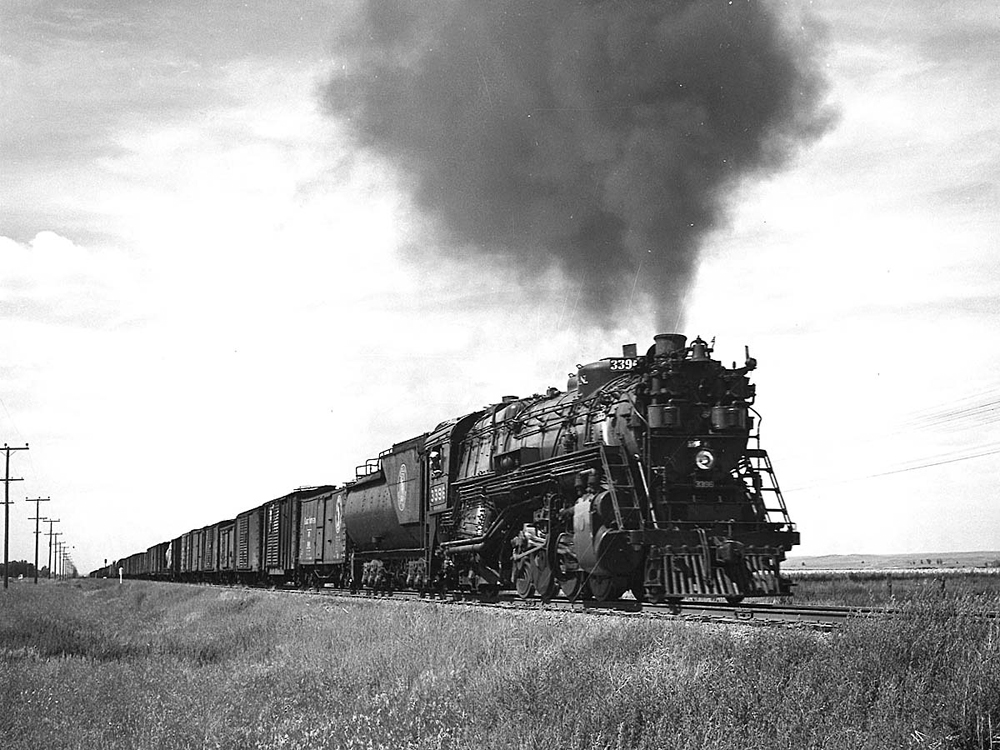 Steam locomotive hauling a long freight train through a prairie.