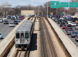 Train operating in the median of Interstate 90