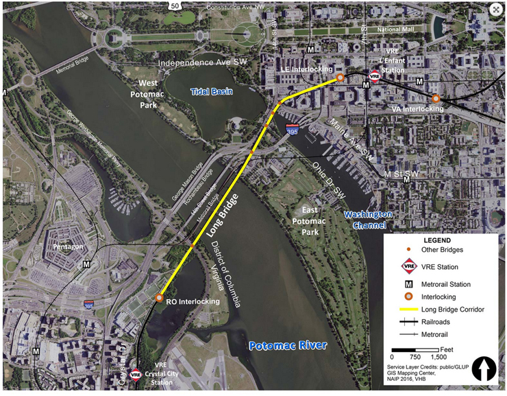 Satellite image showing approximate locations of new bridge project.