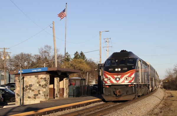 Amtrak train pulled up to a stop